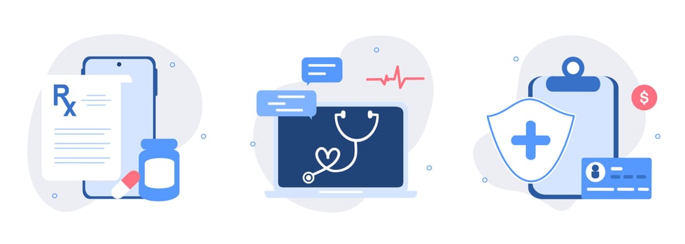 Medical illustration set. Online prescription, online medical services, health insurance and patients id card. Medicine and healthcare concept. online pharmacy, drugstore, diagnosis. Flat vector. vector