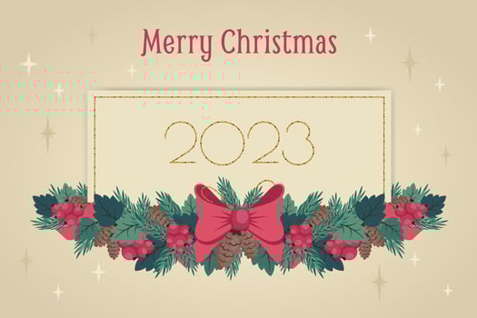 New Year's banner. Christmas greeting card with Christmas wreath, golden text, horizontal frame. Vintage winter holiday background. Vector illustration for festive poster, invitation, flyer