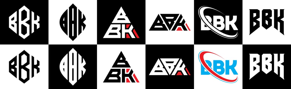 BBK letter logo design in six style. BBK polygon, circle, triangle, hexagon, flat and simple style with black and white color variation letter logo set in one artboard. BBK minimalist and classic logo vector