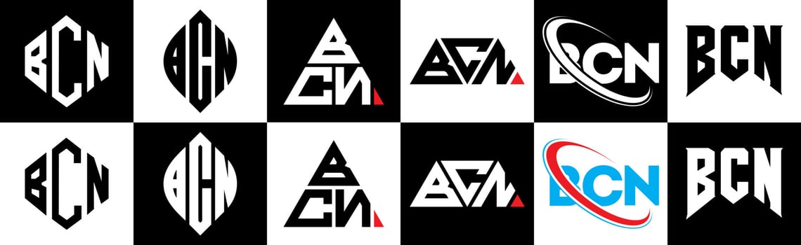 BCN letter logo design in six style. BCN polygon, circle, triangle, hexagon, flat and simple style with black and white color variation letter logo set in one artboard. BCN minimalist and classic logo vector