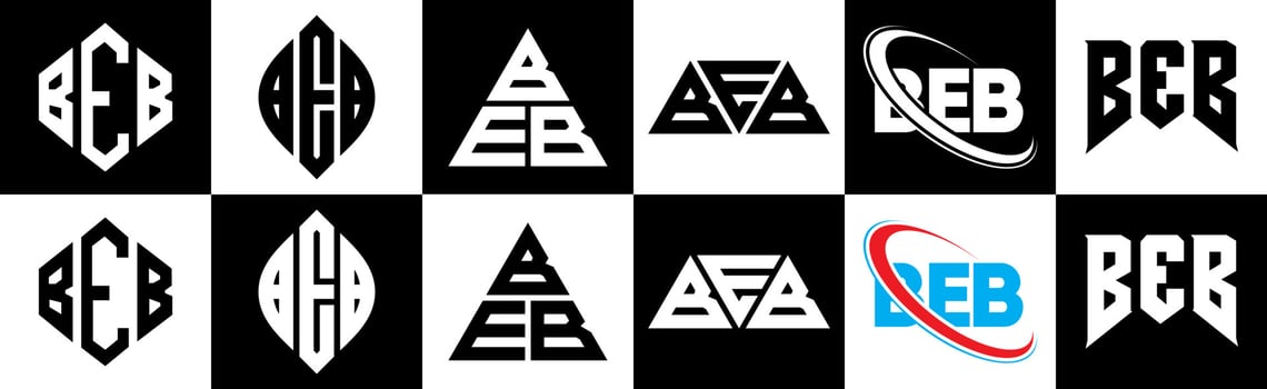 BEB letter logo design in six style. BEB polygon, circle, triangle, hexagon, flat and simple style with black and white color variation letter logo set in one artboard. BEB minimalist and classic logo vector