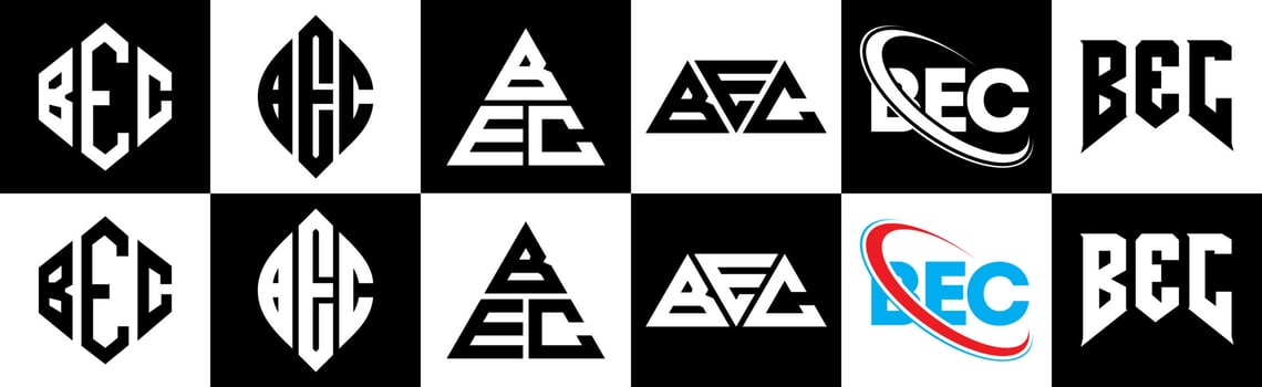 BEC letter logo design in six style. BEC polygon, circle, triangle, hexagon, flat and simple style with black and white color variation letter logo set in one artboard. BEC minimalist and classic logo vector
