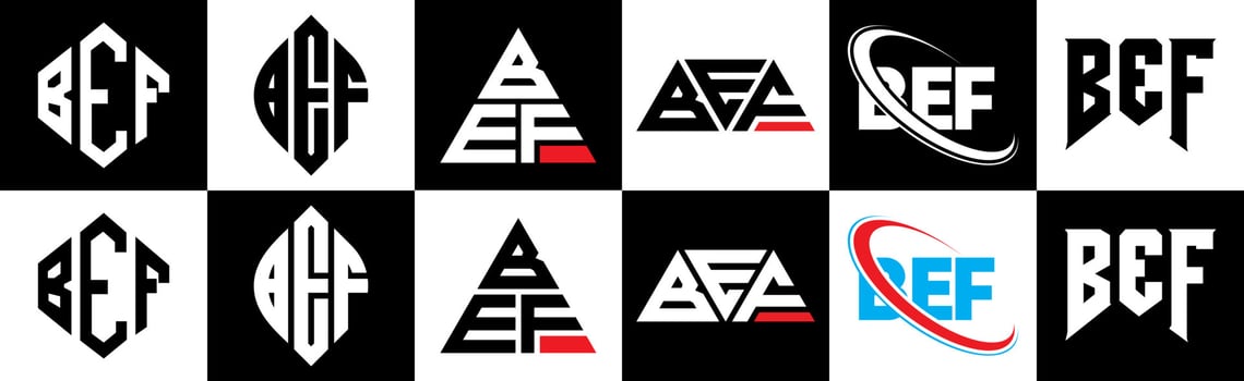 BEF letter logo design in six style. BEF polygon, circle, triangle, hexagon, flat and simple style with black and white color variation letter logo set in one artboard. BEF minimalist and classic logo vector