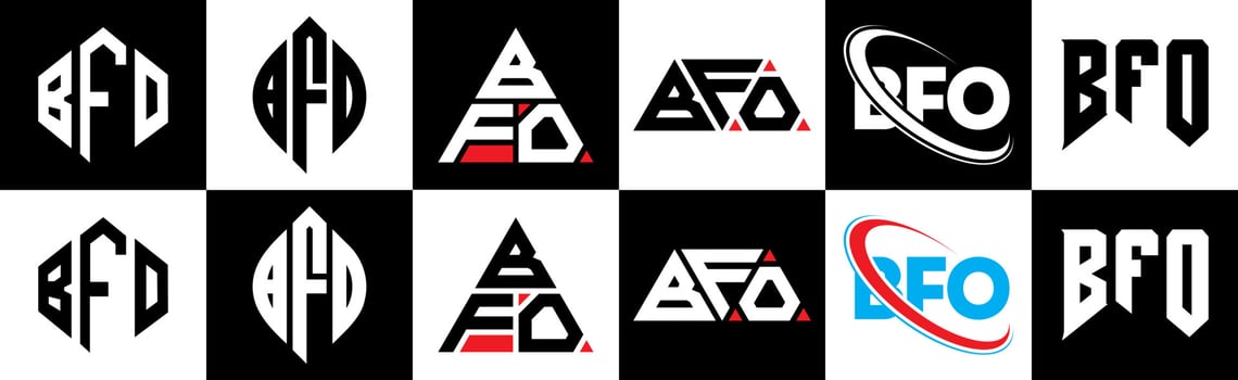 BFO letter logo design in six style. BFO polygon, circle, triangle, hexagon, flat and simple style with black and white color variation letter logo set in one artboard. BFO minimalist and classic logo vector