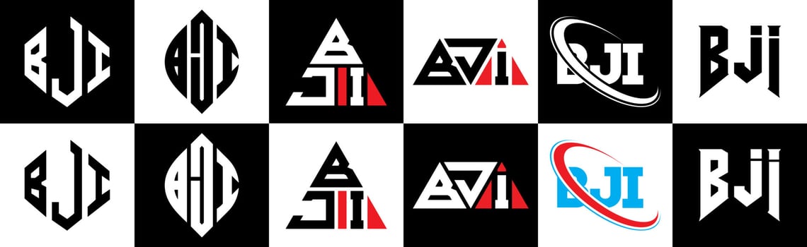 BJI letter logo design in six style. BJI polygon, circle, triangle, hexagon, flat and simple style with black and white color variation letter logo set in one artboard. BJI minimalist and classic logo vector