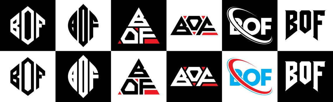 BOF letter logo design in six style. BOF polygon, circle, triangle, hexagon, flat and simple style with black and white color variation letter logo set in one artboard. BOF minimalist and classic logo vector