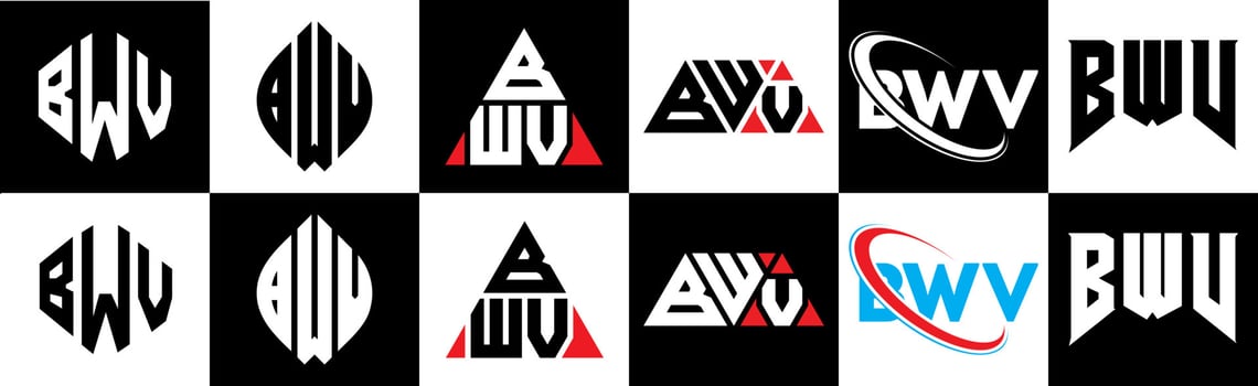 BWV letter logo design in six style. BWV polygon, circle, triangle, hexagon, flat and simple style with black and white color variation letter logo set in one artboard. BWV minimalist and classic logo vector