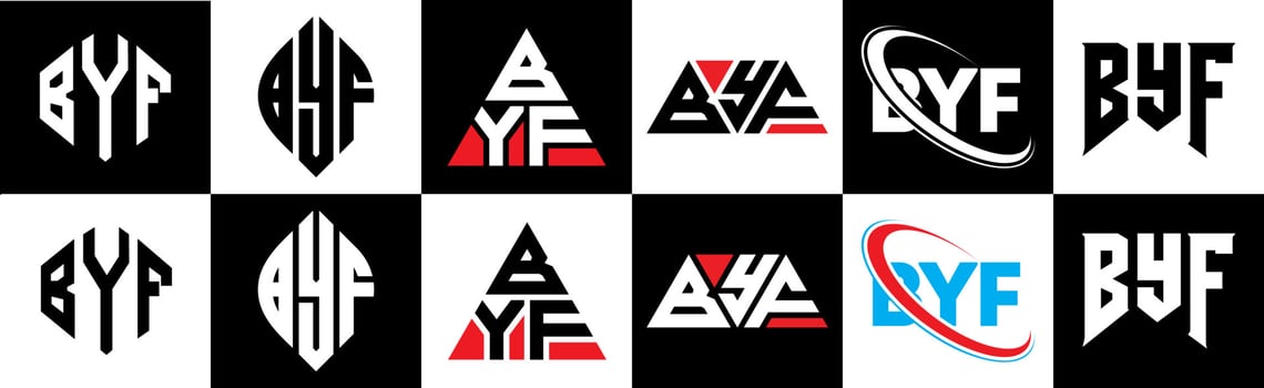 BYF letter logo design in six style. BYF polygon, circle, triangle, hexagon, flat and simple style with black and white color variation letter logo set in one artboard. BYF minimalist and classic logo vector