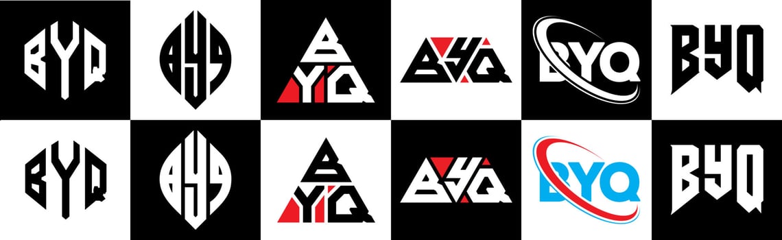 BYQ letter logo design in six style. BYQ polygon, circle, triangle, hexagon, flat and simple style with black and white color variation letter logo set in one artboard. BYQ minimalist and classic logo vector