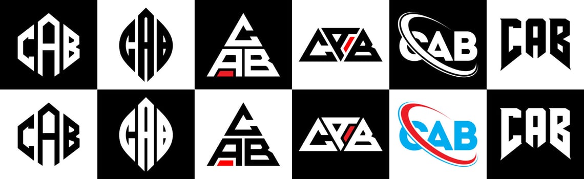 CAB letter logo design in six style. CAB polygon, circle, triangle, hexagon, flat and simple style with black and white color variation letter logo set in one artboard. CAB minimalist and classic logo vector
