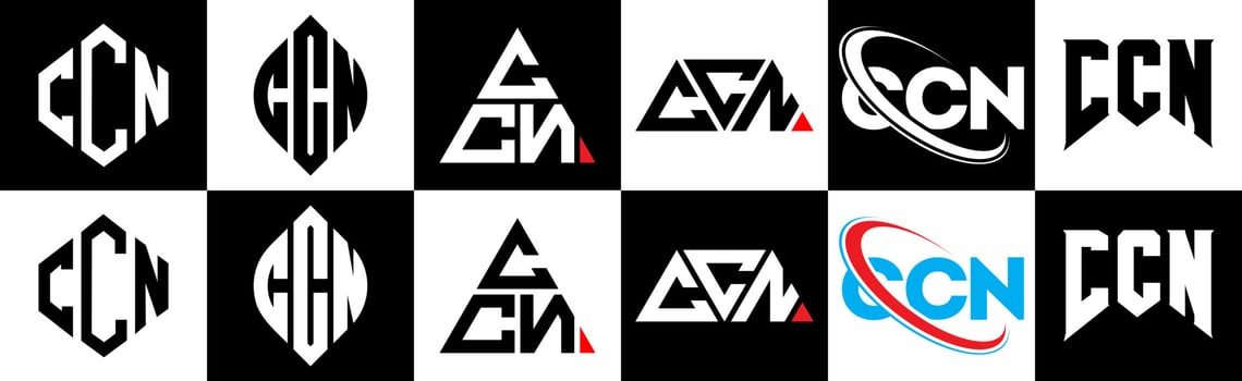 CCN letter logo design in six style. CCN polygon, circle, triangle, hexagon, flat and simple style with black and white color variation letter logo set in one artboard. CCN minimalist and classic logo vector
