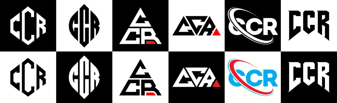 CCR letter logo design in six style. CCR polygon, circle, triangle, hexagon, flat and simple style with black and white color variation letter logo set in one artboard. CCR minimalist and classic logo vector