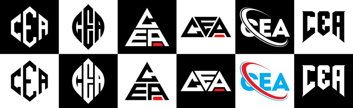 CEA letter logo design in six style. CEA polygon, circle, triangle, hexagon, flat and simple style with black and white color variation letter logo set in one artboard. CEA minimalist and classic logo vector