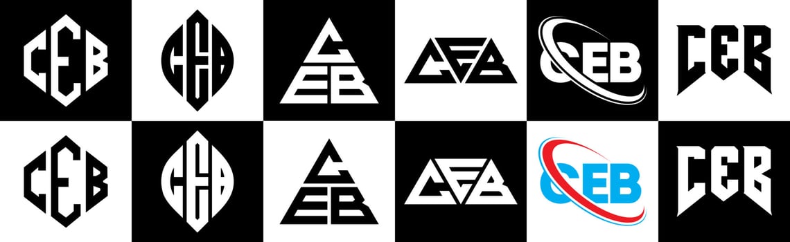 CEB letter logo design in six style. CEB polygon, circle, triangle, hexagon, flat and simple style with black and white color variation letter logo set in one artboard. CEB minimalist and classic logo vector