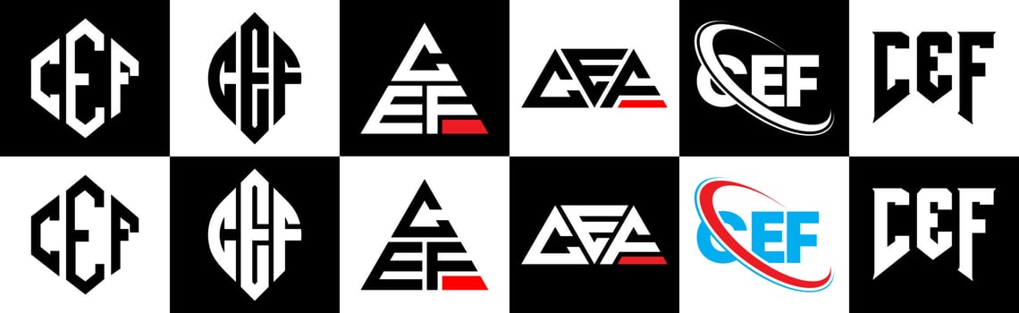 CEF letter logo design in six style. CEF polygon, circle, triangle, hexagon, flat and simple style with black and white color variation letter logo set in one artboard. CEF minimalist and classic logo vector