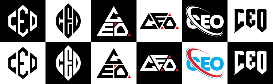 CEO letter logo design in six style. CEO polygon, circle, triangle, hexagon, flat and simple style with black and white color variation letter logo set in one artboard. CEO minimalist and classic logo vector