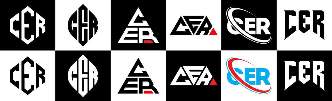 CER letter logo design in six style. CER polygon, circle, triangle, hexagon, flat and simple style with black and white color variation letter logo set in one artboard. CER minimalist and classic logo vector