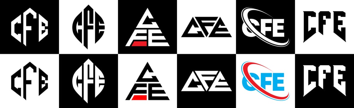 CFE letter logo design in six style. CFE polygon, circle, triangle, hexagon, flat and simple style with black and white color variation letter logo set in one artboard. CFE minimalist and classic logo vector