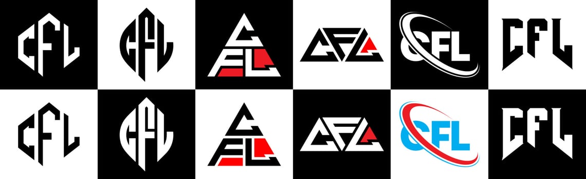 CFL letter logo design in six style. CFL polygon, circle, triangle, hexagon, flat and simple style with black and white color variation letter logo set in one artboard. CFL minimalist and classic logo vector