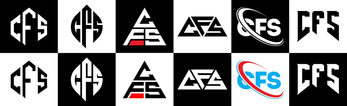 CFS letter logo design in six style. CFS polygon, circle, triangle, hexagon, flat and simple style with black and white color variation letter logo set in one artboard. CFS minimalist and classic logo vector