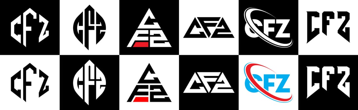 CFZ letter logo design in six style. CFZ polygon, circle, triangle, hexagon, flat and simple style with black and white color variation letter logo set in one artboard. CFZ minimalist and classic logo vector
