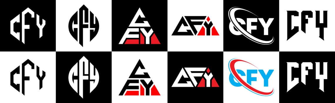 CFY letter logo design in six style. CFY polygon, circle, triangle, hexagon, flat and simple style with black and white color variation letter logo set in one artboard. CFY minimalist and classic logo vector