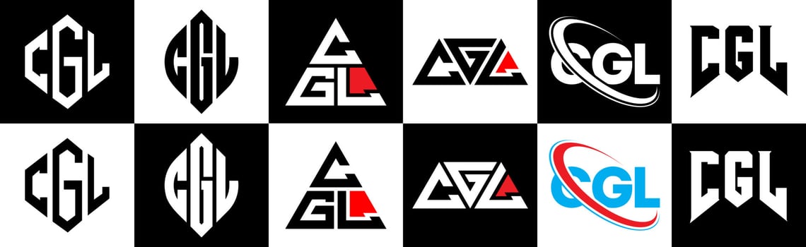 CGL letter logo design in six style. CGL polygon, circle, triangle, hexagon, flat and simple style with black and white color variation letter logo set in one artboard. CGL minimalist and classic logo vector