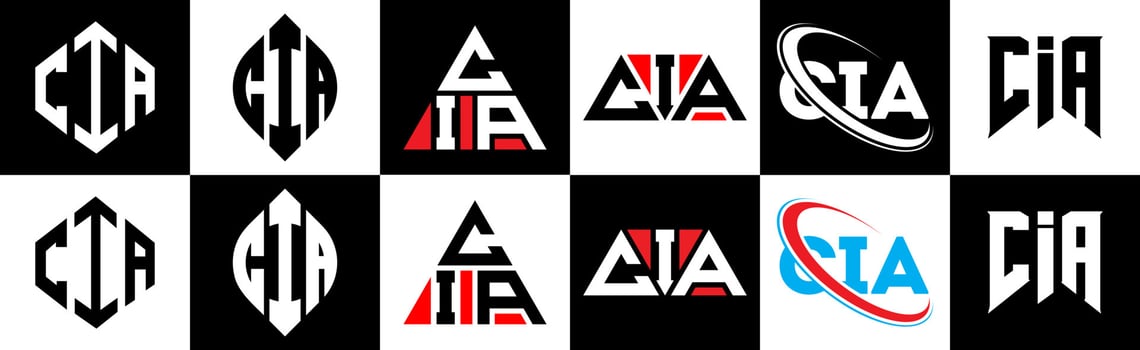 CIA letter logo design in six style. CIA polygon, circle, triangle, hexagon, flat and simple style with black and white color variation letter logo set in one artboard. CIA minimalist and classic logo vector