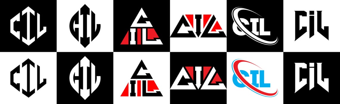 CIL letter logo design in six style. CIL polygon, circle, triangle, hexagon, flat and simple style with black and white color variation letter logo set in one artboard. CIL minimalist and classic logo vector