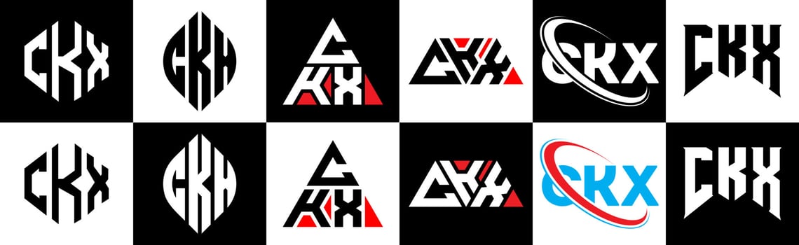 CKX letter logo design in six style. CKX polygon, circle, triangle, hexagon, flat and simple style with black and white color variation letter logo set in one artboard. CKX minimalist and classic logo vector