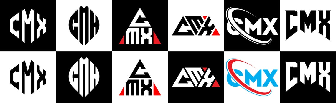 CMX letter logo design in six style. CMX polygon, circle, triangle, hexagon, flat and simple style with black and white color variation letter logo set in one artboard. CMX minimalist and classic logo vector