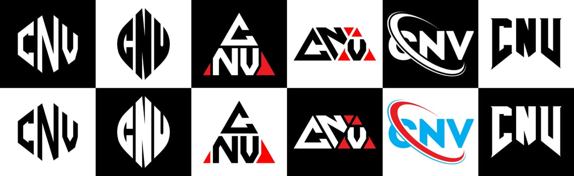 CNV letter logo design in six style. CNV polygon, circle, triangle, hexagon, flat and simple style with black and white color variation letter logo set in one artboard. CNV minimalist and classic logo vector