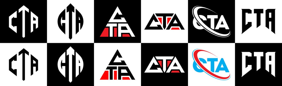 CTA letter logo design in six style. CTA polygon, circle, triangle, hexagon, flat and simple style with black and white color variation letter logo set in one artboard. CTA minimalist and classic logo vector