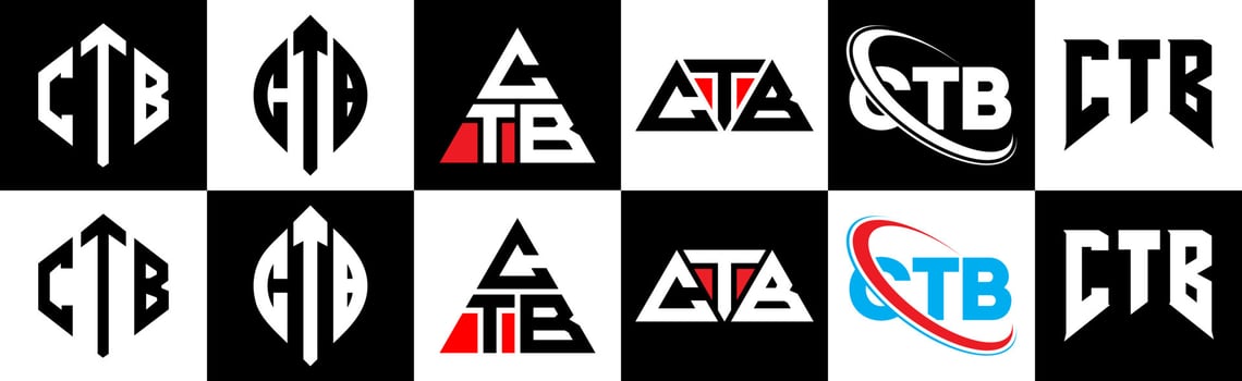 CTB letter logo design in six style. CTB polygon, circle, triangle, hexagon, flat and simple style with black and white color variation letter logo set in one artboard. CTB minimalist and classic logo vector