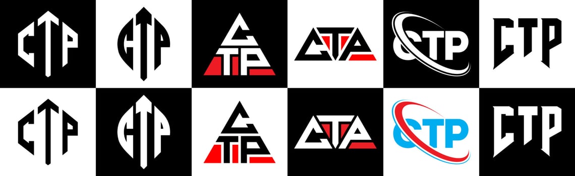 CTP letter logo design in six style. CTP polygon, circle, triangle, hexagon, flat and simple style with black and white color variation letter logo set in one artboard. CTP minimalist and classic logo vector