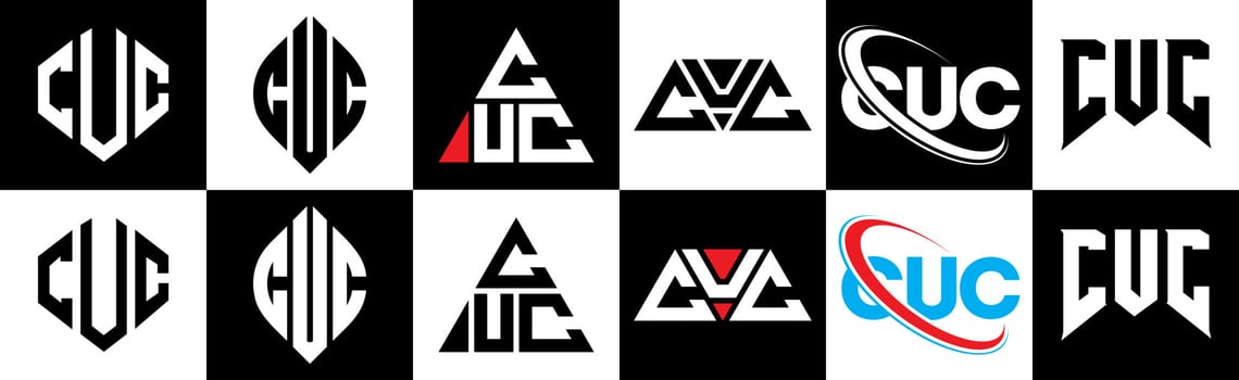 CUC letter logo design in six style. CUC polygon, circle, triangle, hexagon, flat and simple style with black and white color variation letter logo set in one artboard. CUC minimalist and classic logo vector