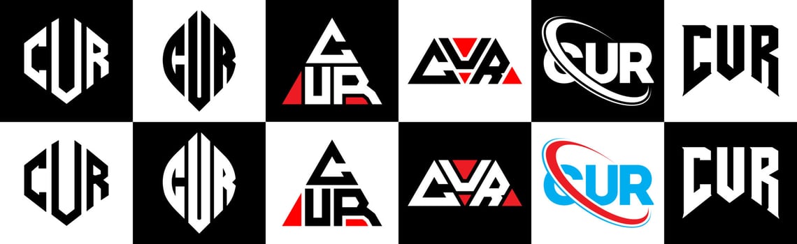 CUR letter logo design in six style. CUR polygon, circle, triangle, hexagon, flat and simple style with black and white color variation letter logo set in one artboard. CUR minimalist and classic logo vector