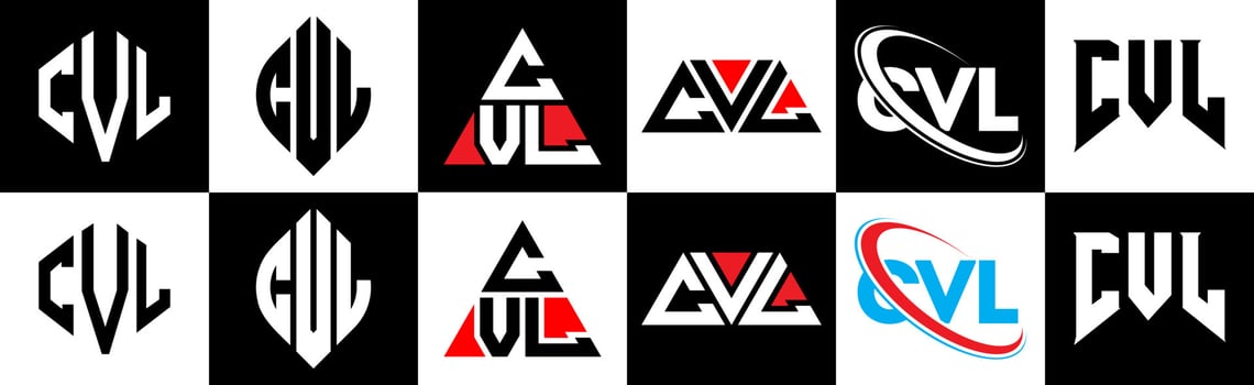 CVL letter logo design in six style. CVL polygon, circle, triangle, hexagon, flat and simple style with black and white color variation letter logo set in one artboard. CVL minimalist and classic logo vector