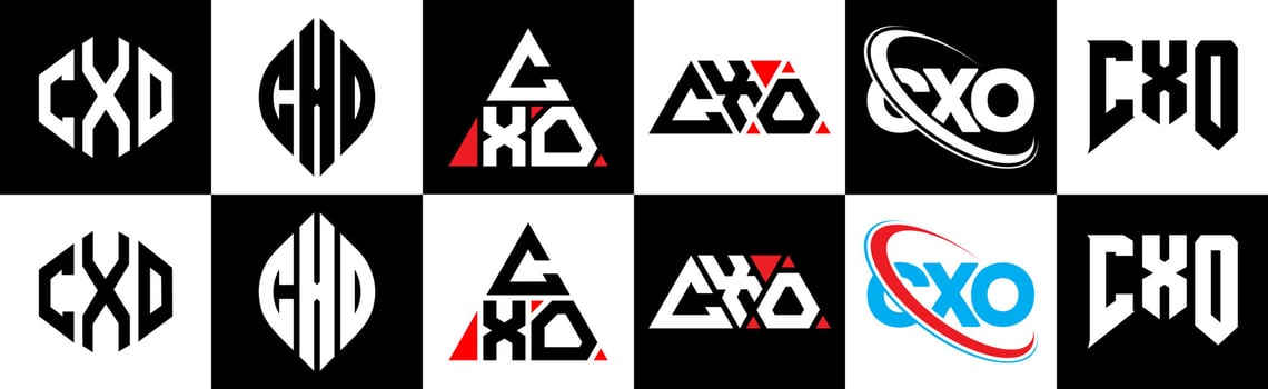 CXO letter logo design in six style. CXO polygon, circle, triangle, hexagon, flat and simple style with black and white color variation letter logo set in one artboard. CXO minimalist and classic logo vector