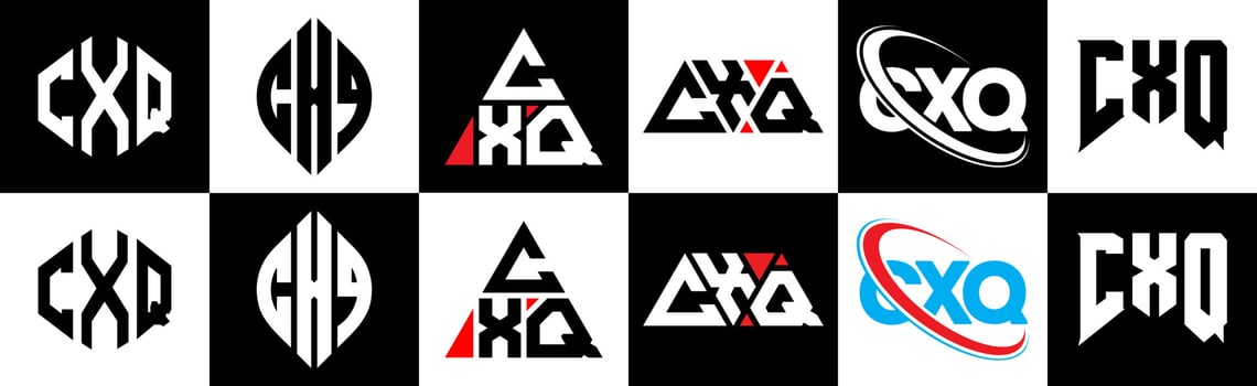 CXQ letter logo design in six style. CXQ polygon, circle, triangle, hexagon, flat and simple style with black and white color variation letter logo set in one artboard. CXQ minimalist and classic logo vector