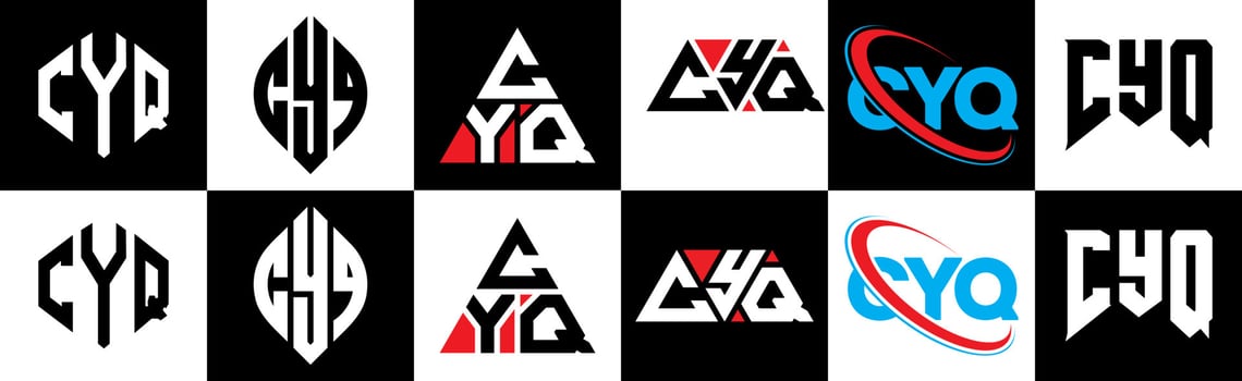 CYQ letter logo design in six style. CYQ polygon, circle, triangle, hexagon, flat and simple style with black and white color variation letter logo set in one artboard. CYQ minimalist and classic logo vector