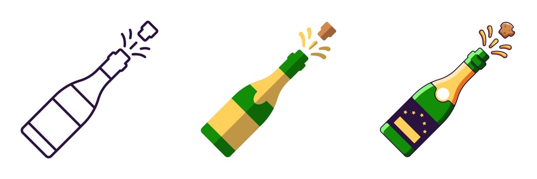 Merry Christmas and Happy New Year concept. Collection of icon of champagne in line, flat and cartoon styles for web sites, adverts, articles, shops, stores vector