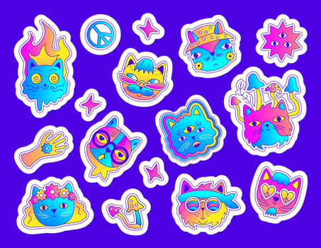 A set of psychedelic stickers. Bright hallucinogenic cats in retro style. stickers with kittens vector