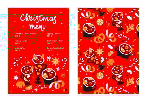Menu template with hot winter seasonal drinks. Christmas menu with mulled wine, punch and cocktails vector