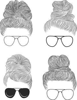 Hand Drawn Messy Bun Black Long Hair With Retro Sunglasses Collection Isolated vector