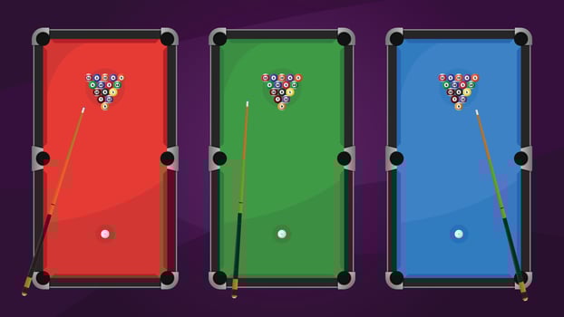 Illustration of red green blue pool billiard tables and cue sticks vector