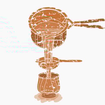 Editable Isolated Top Side View Brush Strokes Style Pouring and Filtering Masala Chai From Pan into Pottery Cup Vector Illustration for Artwork of Beverages With South Asian Culture and Tradition