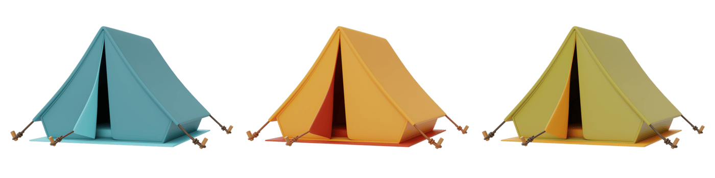 Set of camping tents isolated, Camping equipment, Summer camp concept, holiday vacation. 3d rendering. png