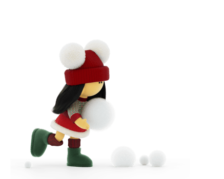 Cute rag poppet in a knitted Christmas sweater playing with snowballs png
