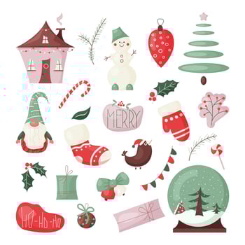 Set of cute Christmas and New Year design elements. Collection of winter color icons. Cartoon vector illustration isolated on white background